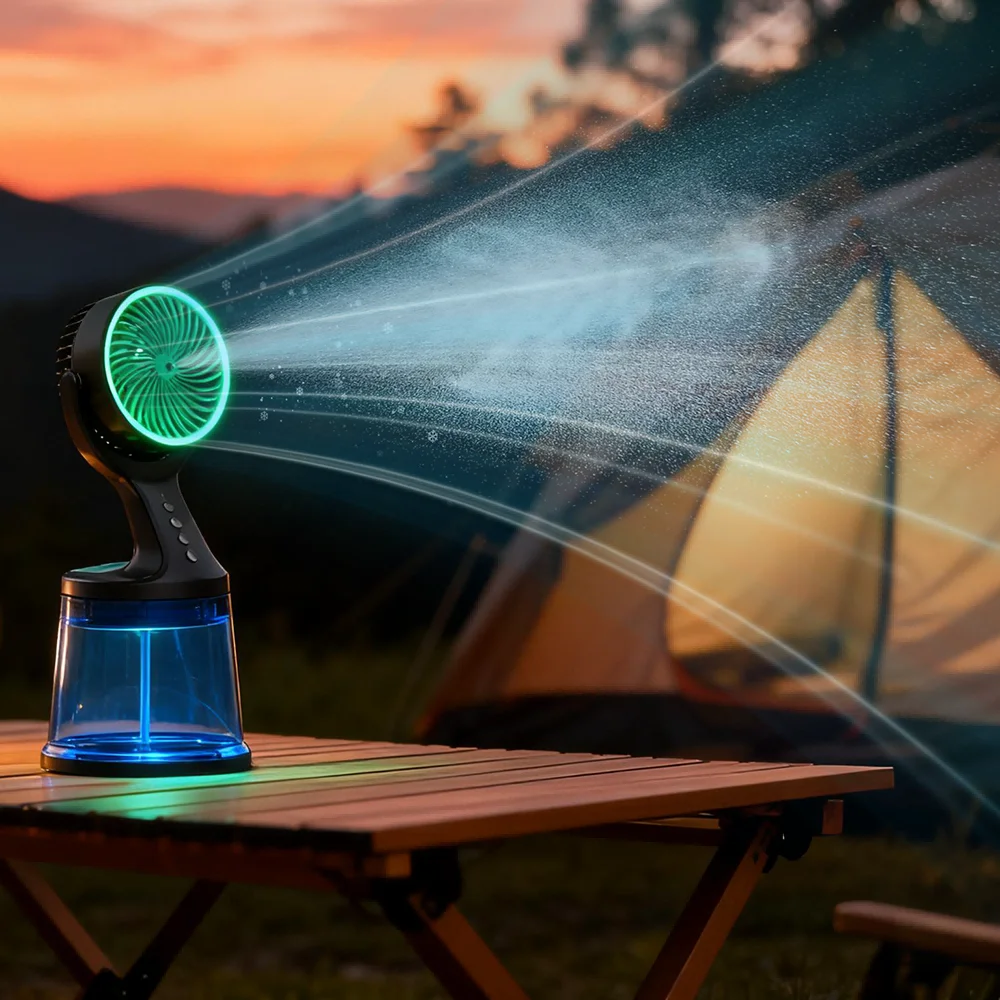 Hbdcd6086ed504a26b4c3777872462c0fv.webp Portable Outdoor Hotel Household Water Mist Fan Energy Efficient Oscillating Rechargeable DC 12V Floor Standing Small Appliance - Image 1